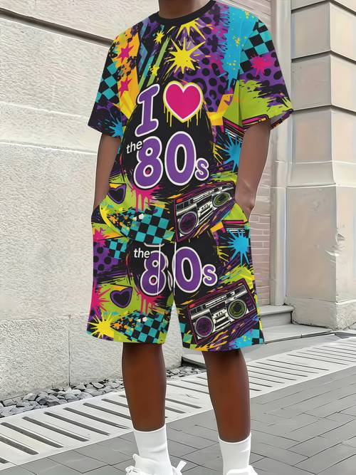 retro 80s neon print 2pcs set mens short sleeve t shirt and matching shorts with boombox graphics art splatter design casual streetwear summer outfit for hip hop enthusiasts