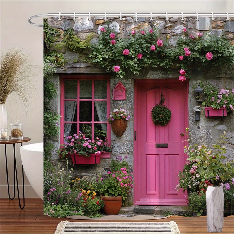 TEMU 1pc Photograph Of Rustic Stone Cottage With Vibrant , Climbing Roses, And Potted Flowers Shower Curtain Featuring European Village Feel With 12