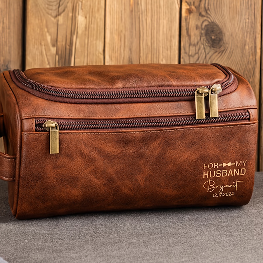 TEMU Customized Men's Faux Leather Toiletry Bag, Lightweight Zipper Style, Durable Material, Groomsmen Anniversary Christmas Gift, Bathroom Essential