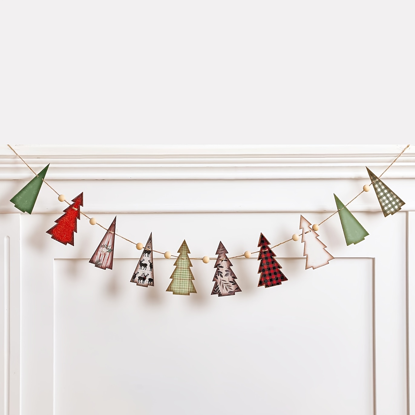 6.6 Feet Rustic Farmhouse Wooden Christmas Tree Garland - Red And Green Bead Garland, Decorations, And Lanterns, No Electricity Required