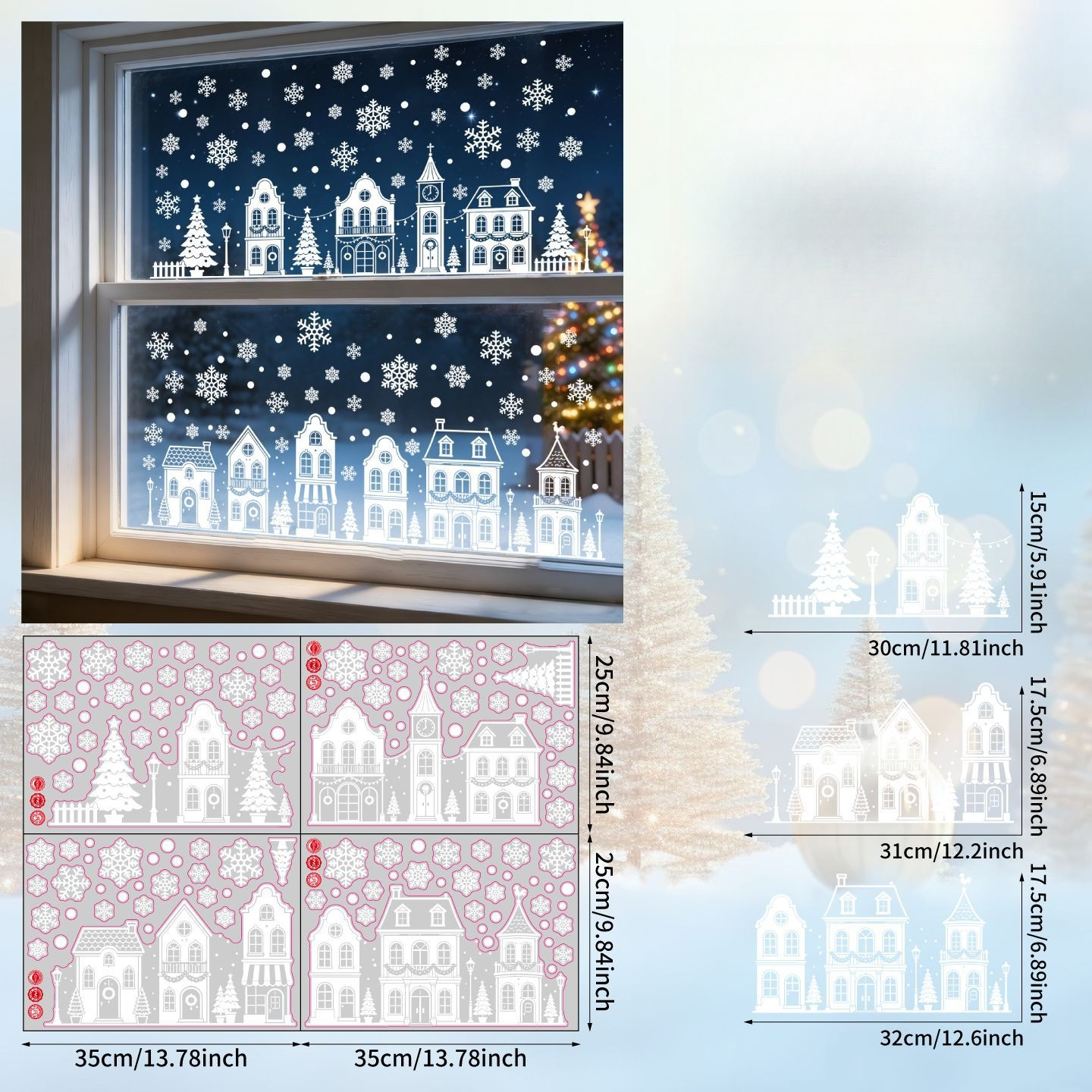 TEMU 2d Flat - 2d Flat - 2d Flat Static Window Clings 4pcs Featuring European Town Houses, Christmas Trees And Snowflakes, Glue-free, Traceless &