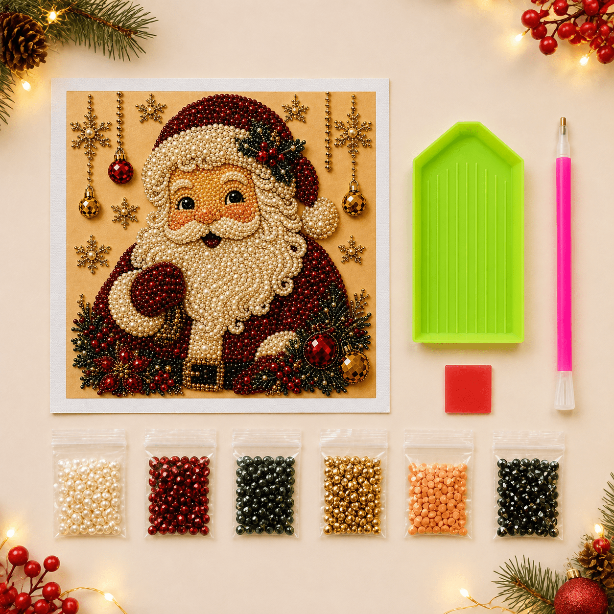 TEMU Kit d'art Père Noël avec perles - Père Noël de style vintage avec de neige et décoratifs, mosaïque 3D en perles pour adultes, décoration festive