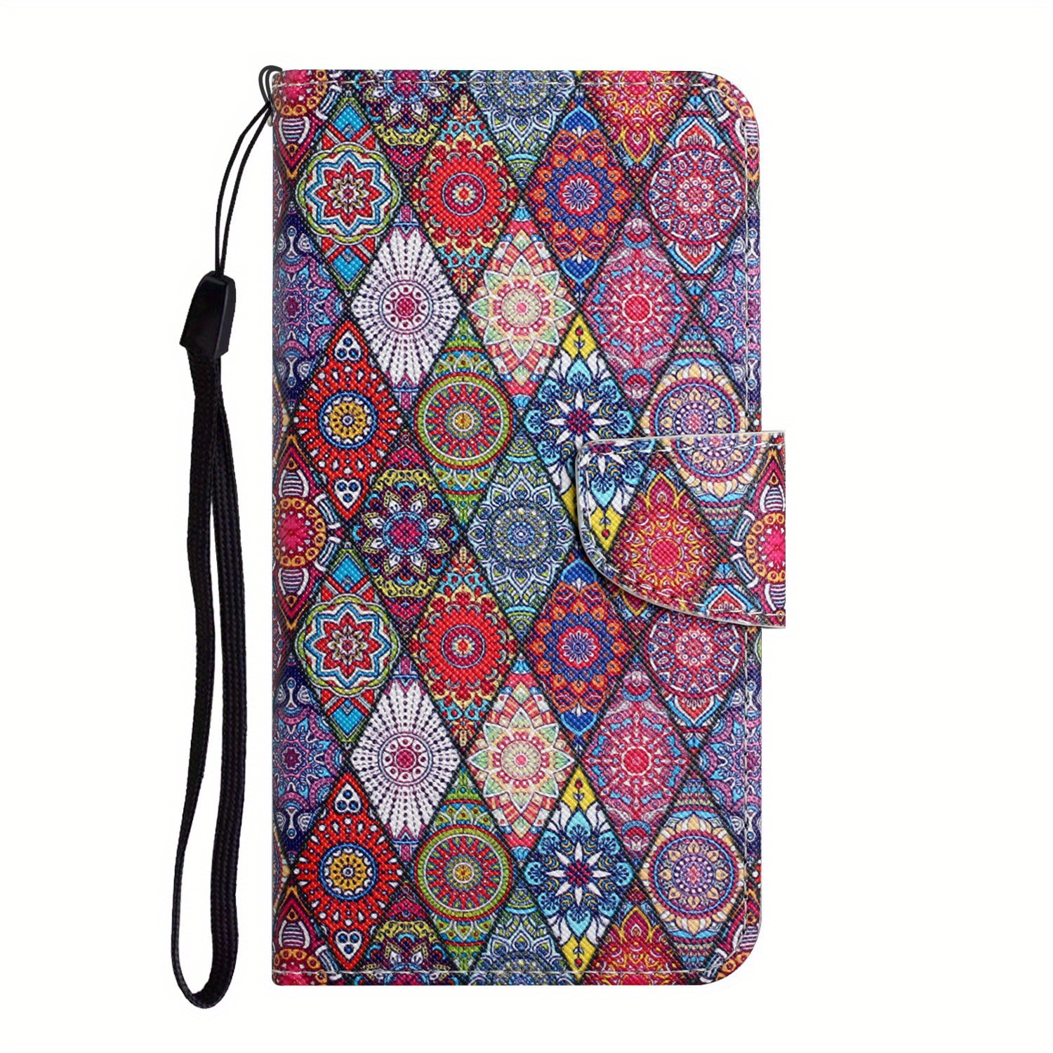 TEMU Phone Case - Diamond-shaped Kaleidoscope Colorful Faux Leather Case, Minimalist Women'-fold Edge Artificial Leather Flip Phone Cover With Strap,