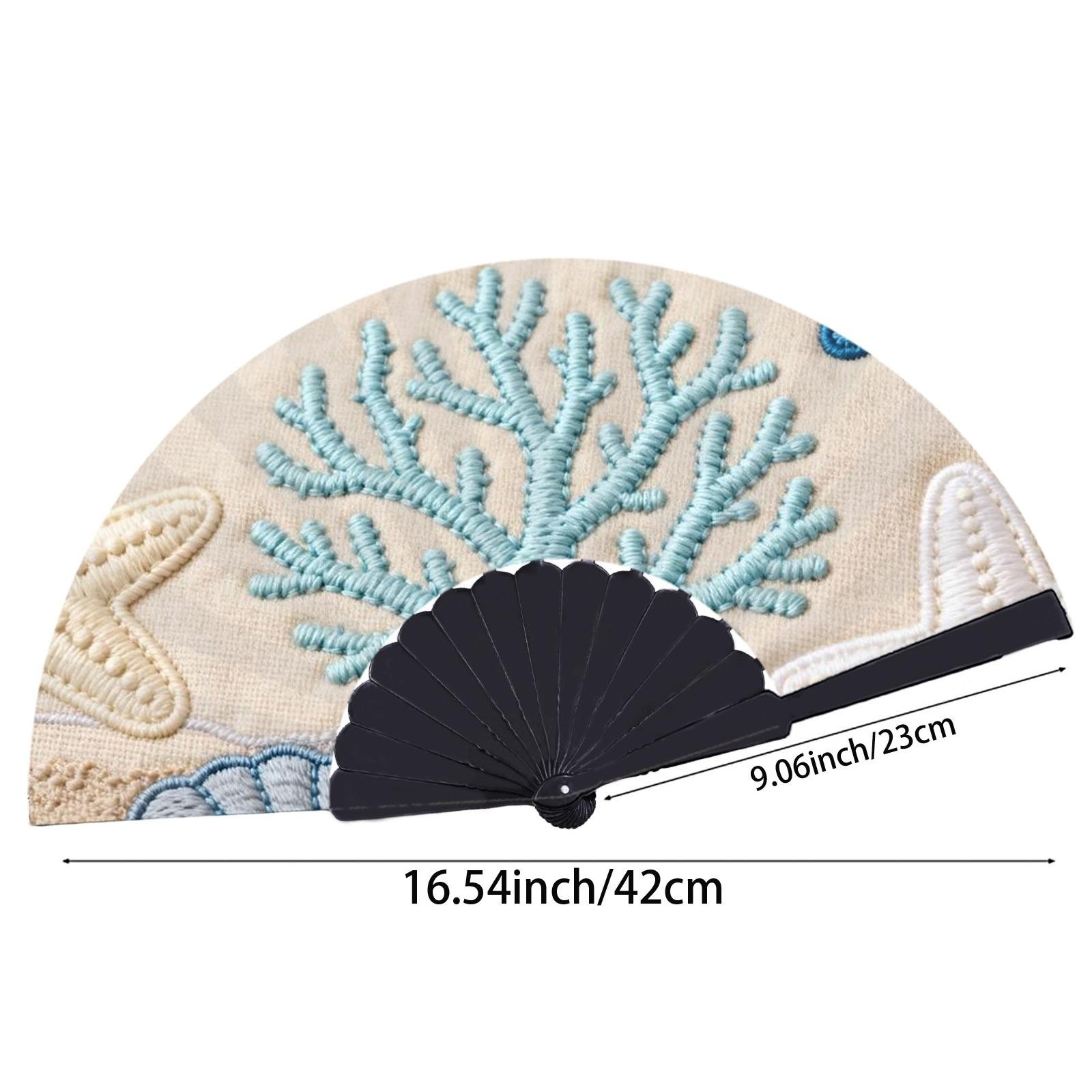 TEMU 1pc Éventail à main brodé sur le thème marin, éventail portable décoratif avec , de mer et de mer côtière, cadeau pour des pères, de des