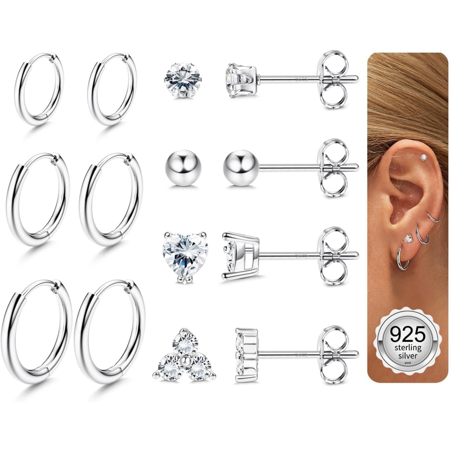 7 Pairs 925 Sterling Silver Post Hoop Earrings Stud Earrings Set For Women Hypoallergenic Tiny Cubic Studs Small Cartilage Hoops Earring For Multiple Piercing