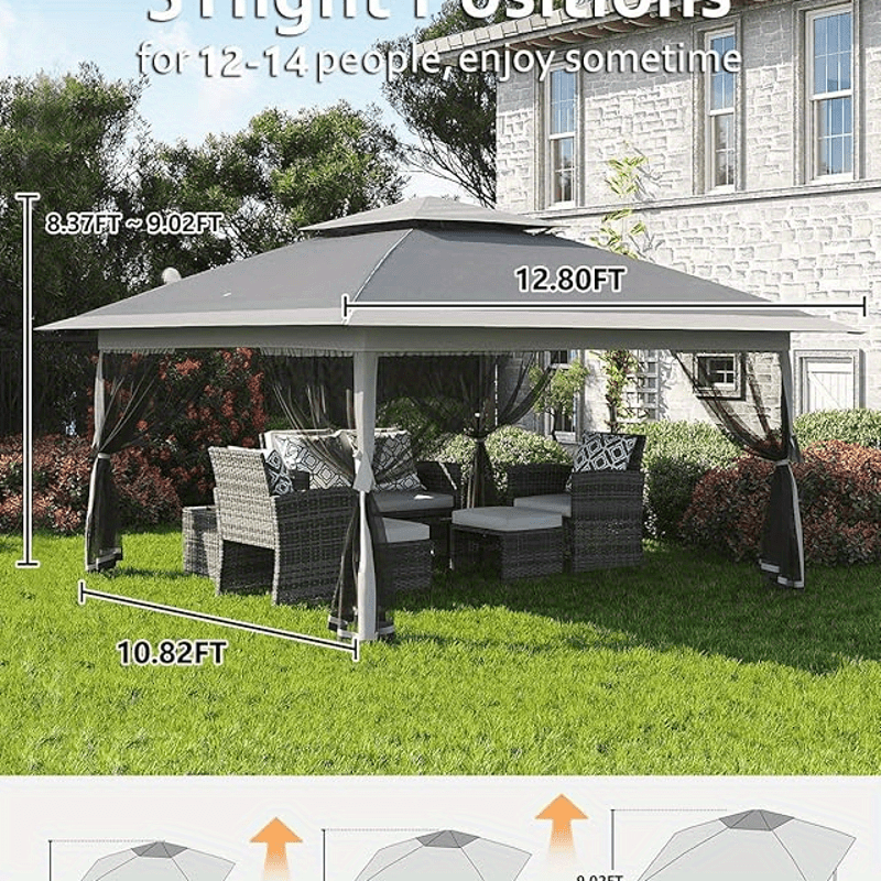 [13'x13' Gazebo] 13'x13' Double Rooftop Outdoor Gazebo | Quick Setup, High Quality, Durable Weather-Resistant Design, Gray Patio Canopy Tent for Backyard, Garden & Poolside