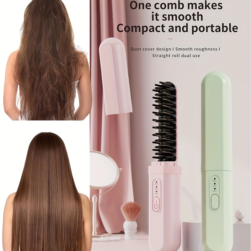 1-in-1 Hair Straightening Brush Comb with Dual Straight Function,  Negative USB Rechargeable Hair Styler Wet/Dry Use