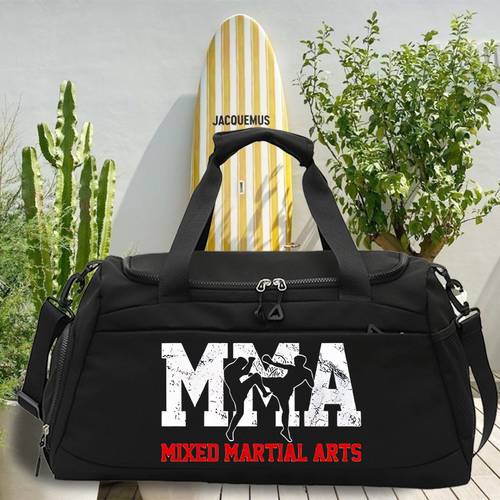 1pc mma kick boxer logo printed large capacity sports duffel bag casual handbag fashionable travel bag portable gym bag dry and wet function independent shoe compartment durable fabric suitable for school