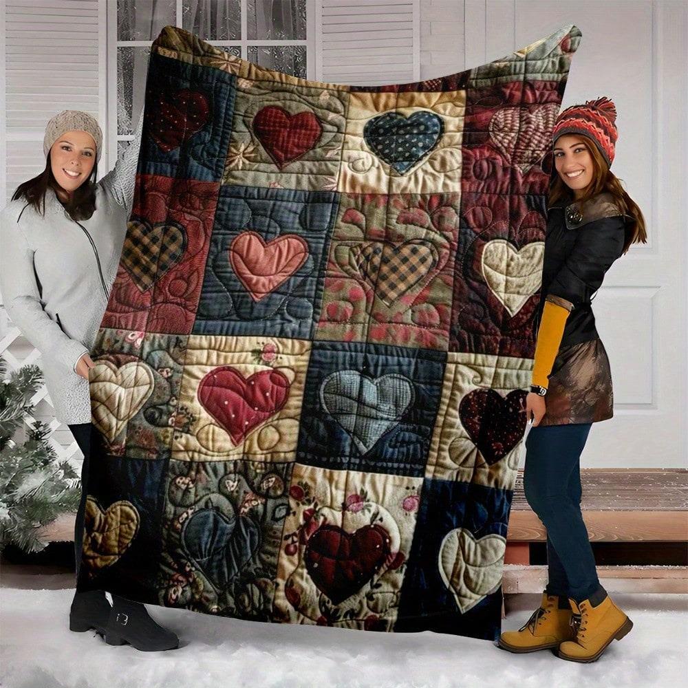 TEMU 1pc Ultra Soft Flannel Heart Print Blanket | Lightweight And Portable For Travel, Camping, Office, Beach Use - Comfortable Light Beige Mixed ,