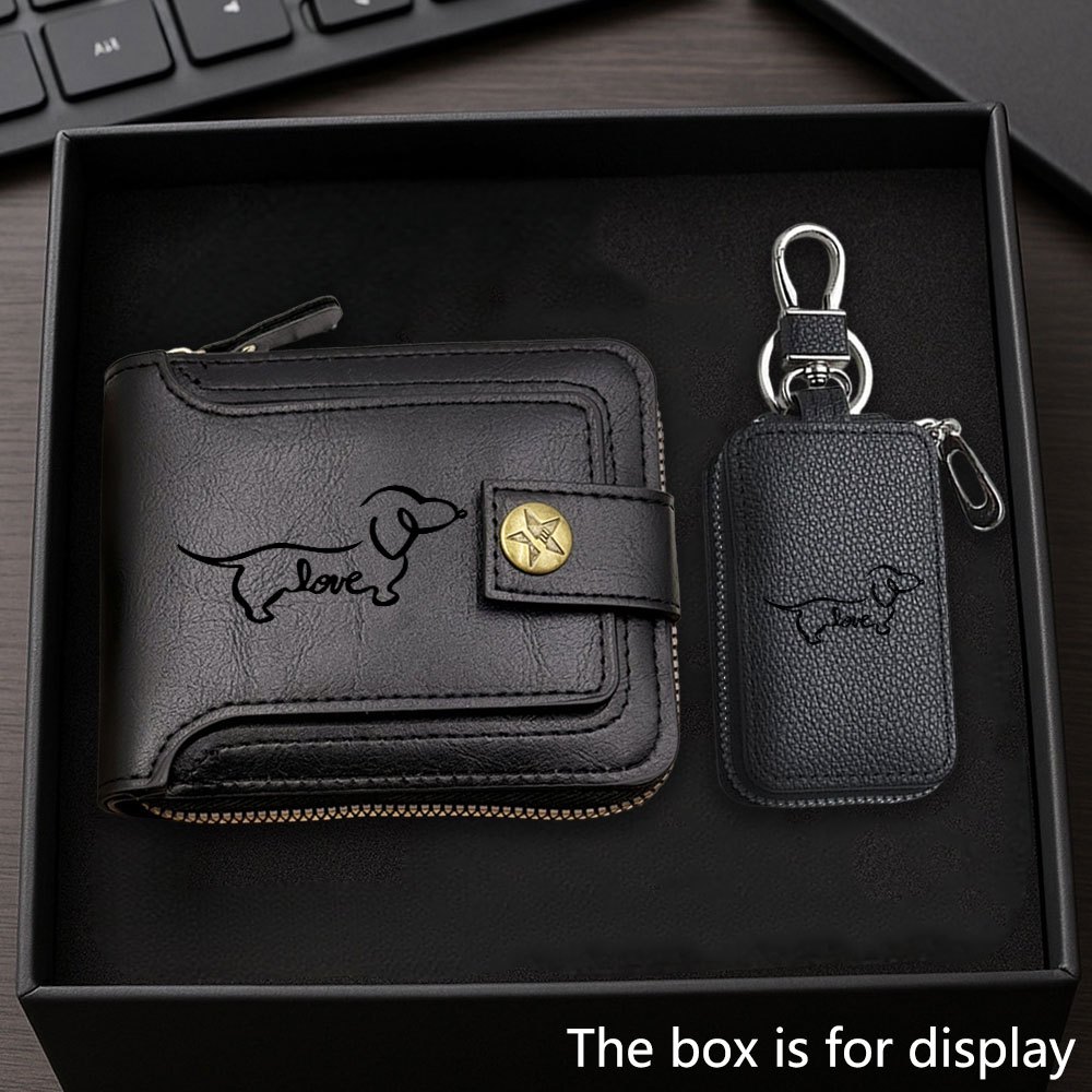 Image of 2pcs Business Dachshund Wallet & Key Holder Combo - Elegant Money Wallet With Matching Key Organizer, Christmas/birthday Gift For Dad, Husband, For Him - Dachshund-themed Accessory For Dog Lovers
