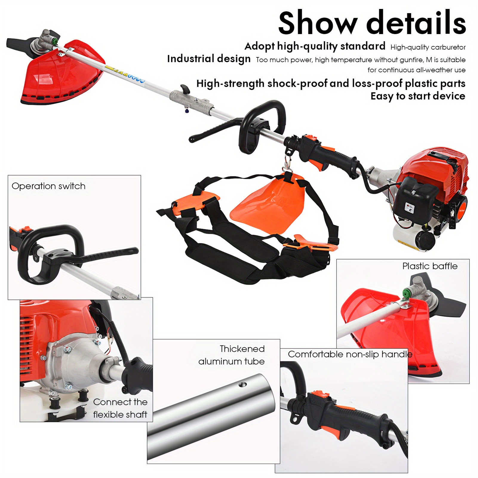 52cc heavy-duty   gas- lawn mower with  ,   lawn mower, hedge cutter, brush cutter, soil   &   - large 180.01cm width,   machine for residential & commercial use, compact storage design, handlebar & features, ideal for lawns, hedges, brush, soil, and trenching Product details 7