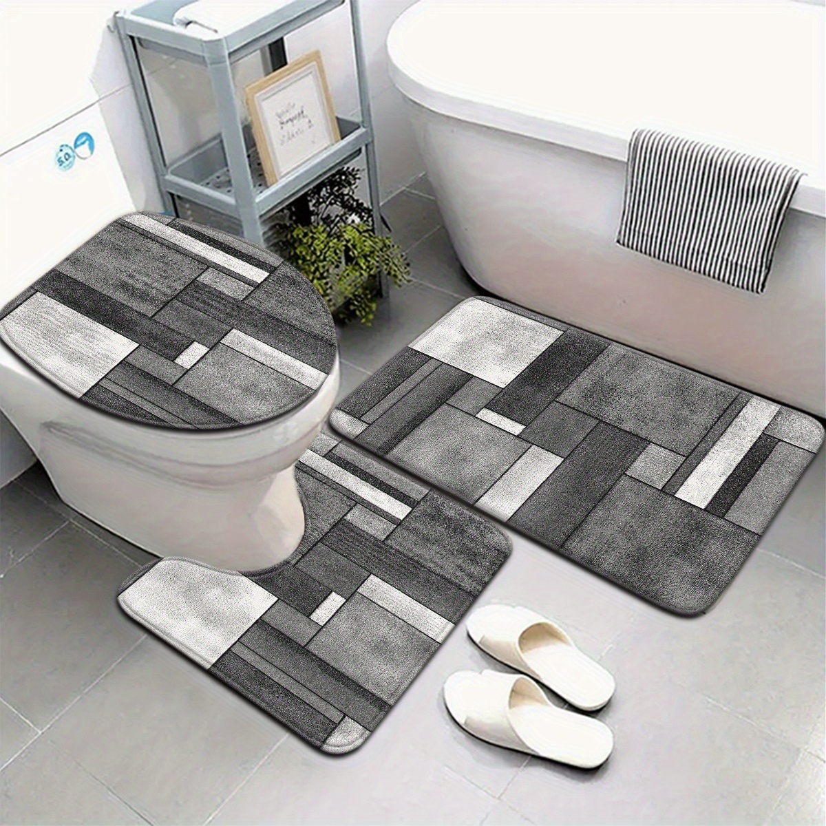 E-shop 3er/4er Set Graue Badezimmer-Matte mit geometrischem Muster inkl. Toilettensitzbezug U-förmiger Fußmatte