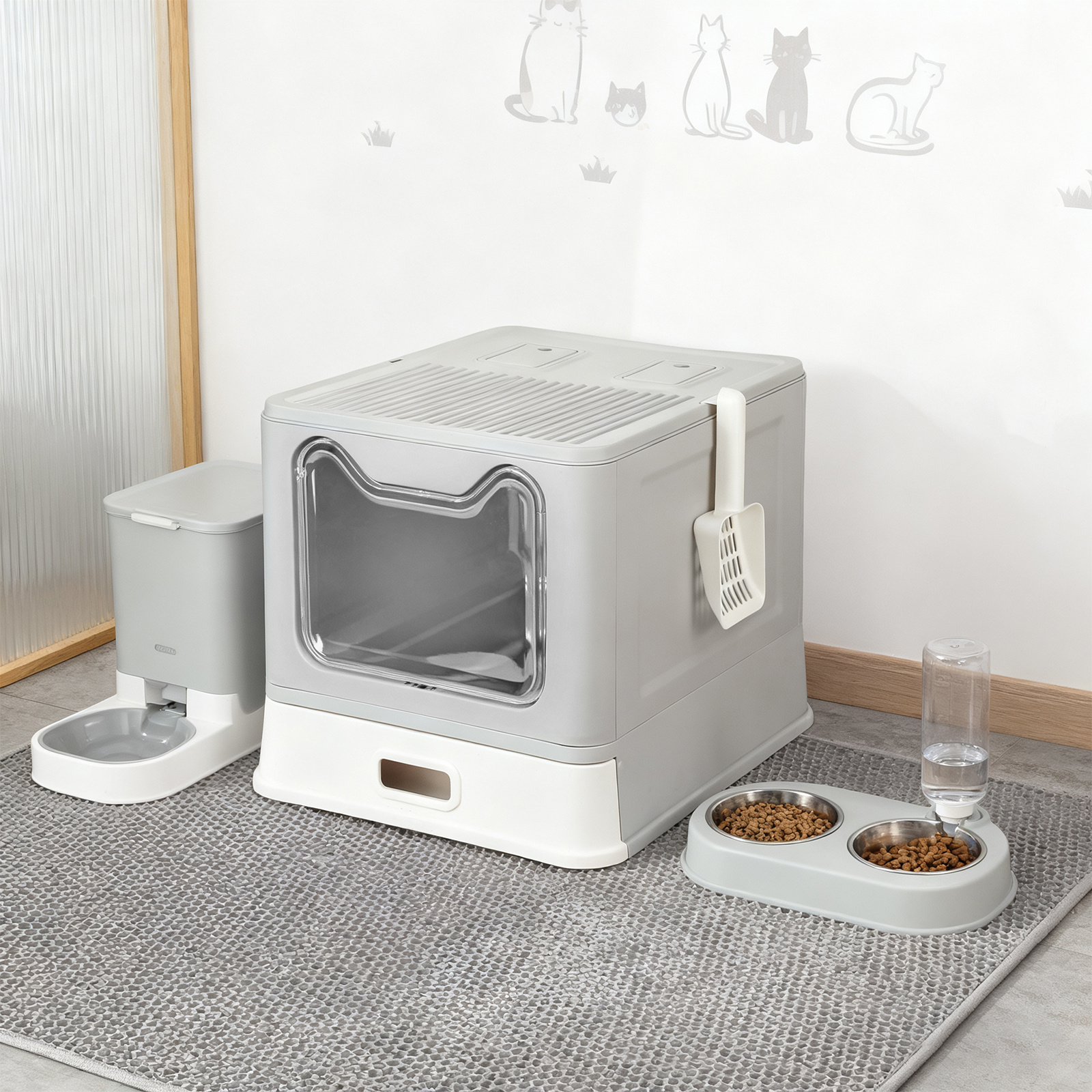 TEMU Bac à litière pour chat en acier inoxydable | Toilette pour chat avec sachets désodorisants, 46x40x39cm