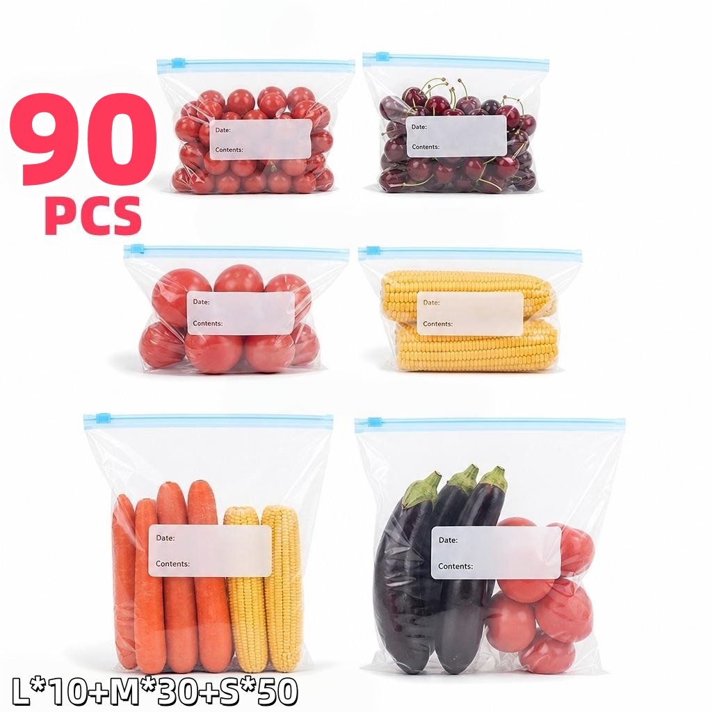 TEMU 90pcs Large Capacity Reusable Food Storage Bags, Thickened Anti-leak Sealed Bags, Suitable For Meat/fruits/vegetables/grains, Hand-labeling ,