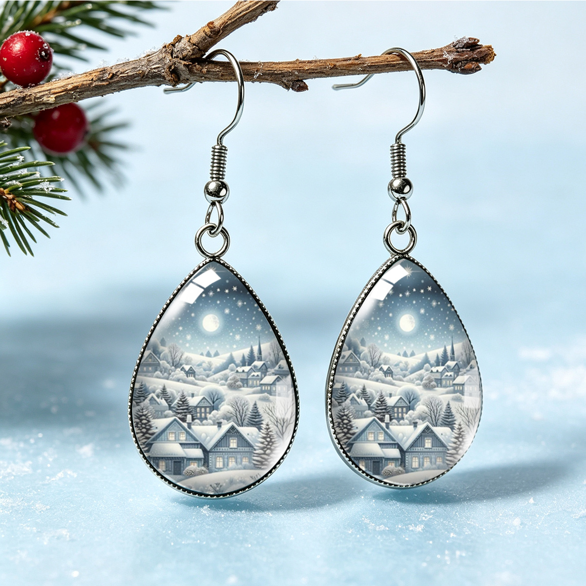 TEMU Paire de boucles d'oreilles pendantes en acier inoxydable de , motif de paysage de village enneigé sous d'une nuit d'hiver, boucles d'oreilles