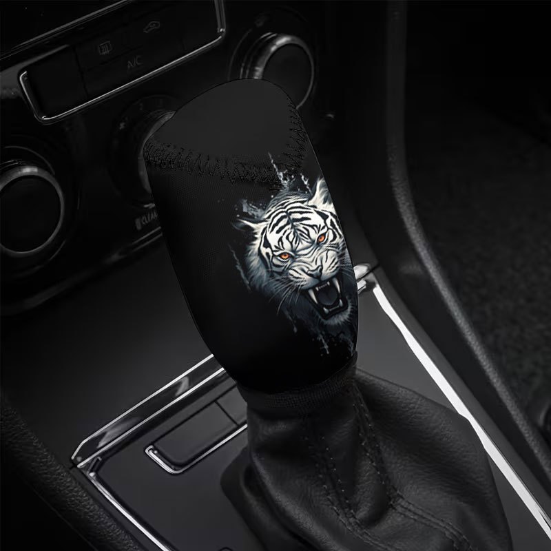 1pc roaring white tiger print pattern car gear shift cover trendy and fun dust cover for gear   to install wear resistant and easy to clean suitable for   driving   such as self driving trips and daily commutes