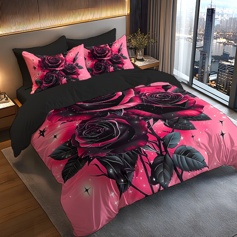 TEMU 2/3pcs 2d Flat Valentine's Day, Purple Rose Series, Universal Black Background Floral Pattern Bedding, Using Brushed Digital Printing, Excluding