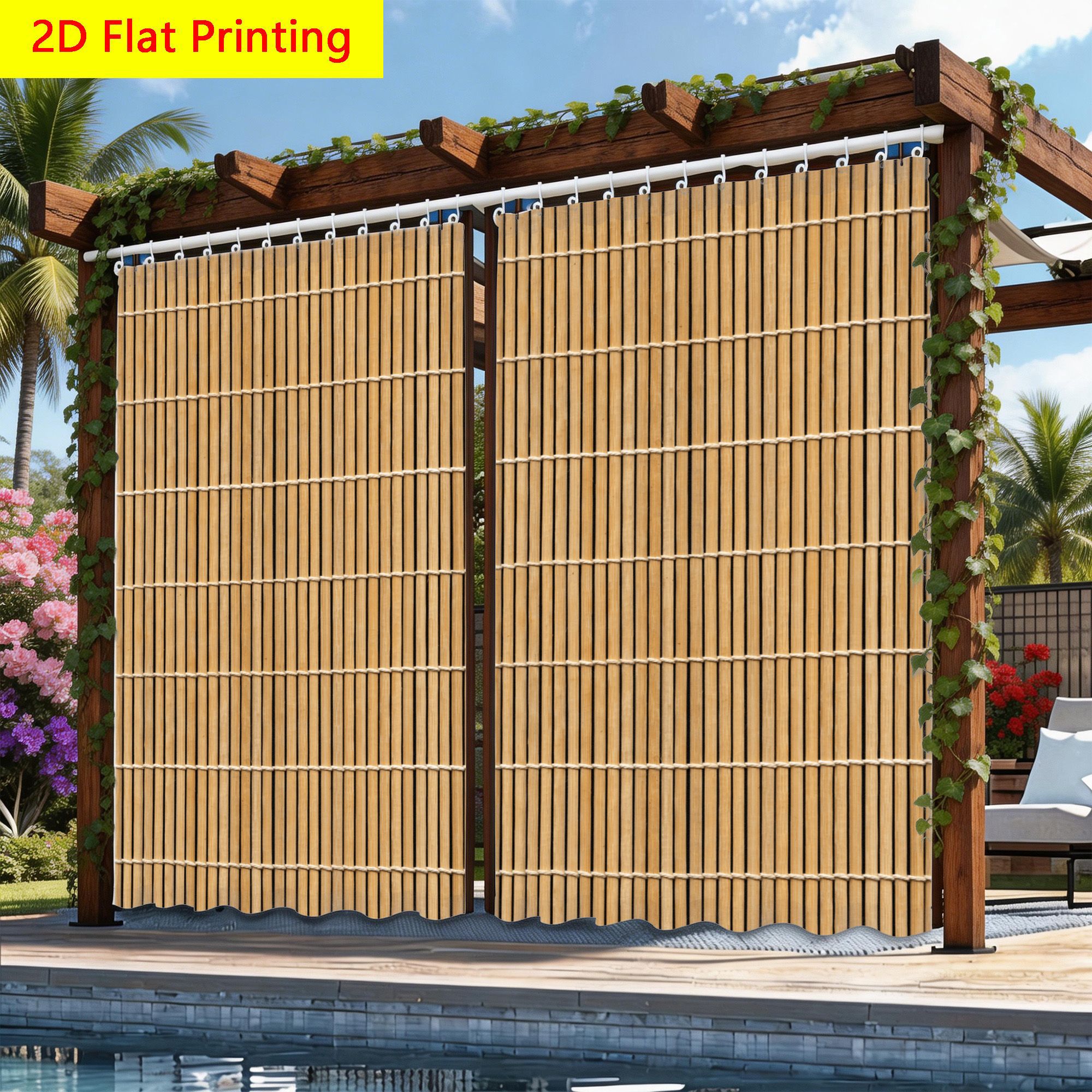 TEMU 2pcs 2d Flat Outdoor Curtains, 2d Printed Single-panel Outdoor Curtains, Includes Hanging Rings, Used For Outdoor Sunshade, Windproof And Sun