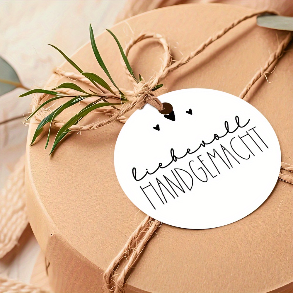 E-shop 48 Stück "Handgefertigt mit Liebe" Runde Etiketten, mit Jute-Garn, Weißes Deutsches, Geeignet für Handgemachte Bastelverpackungen, Handgemachte