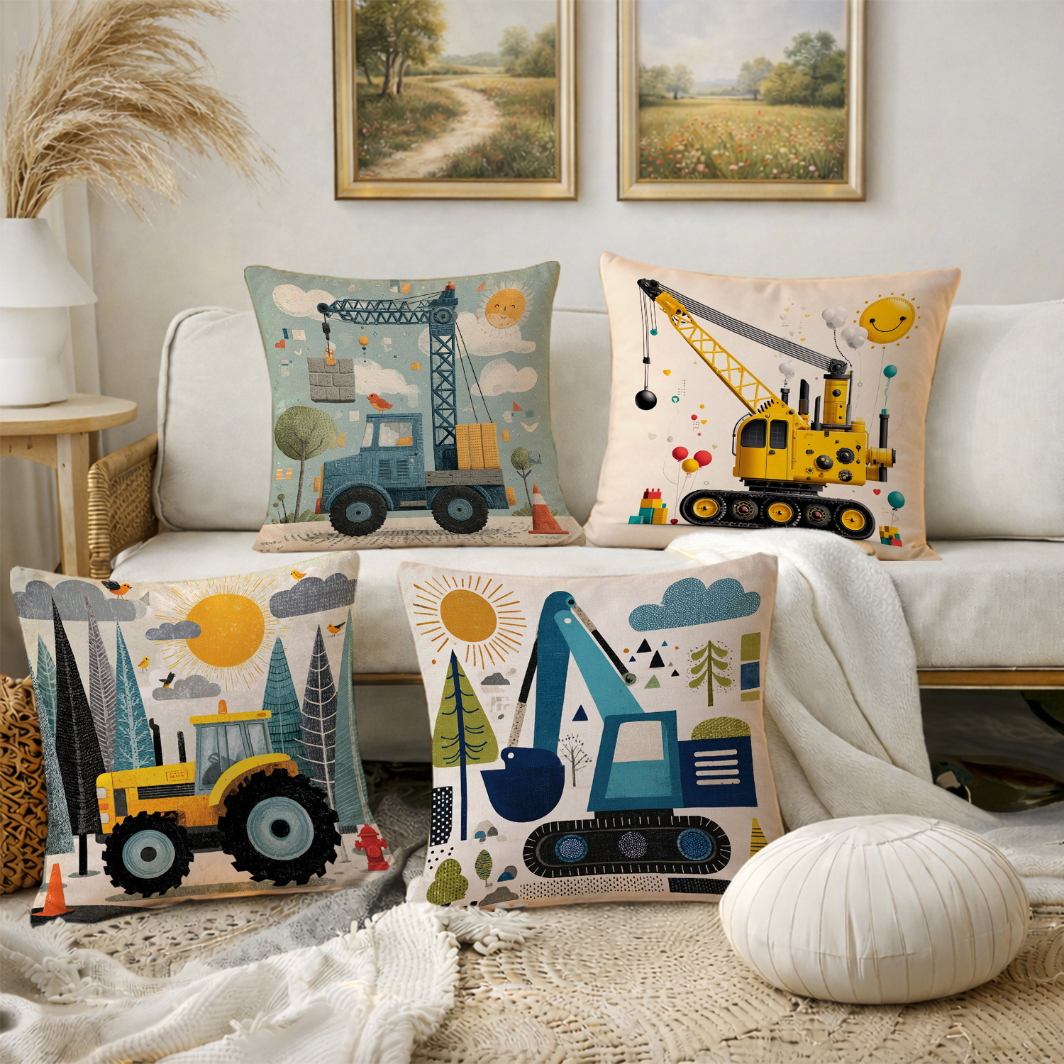 TEMU 4pcs Cartoon Style Throw Pillow Covers, Decorative Cushion Cases, Construction - Vehicle With Sun And Trees, Multicolor Tone. Versatile Pillow