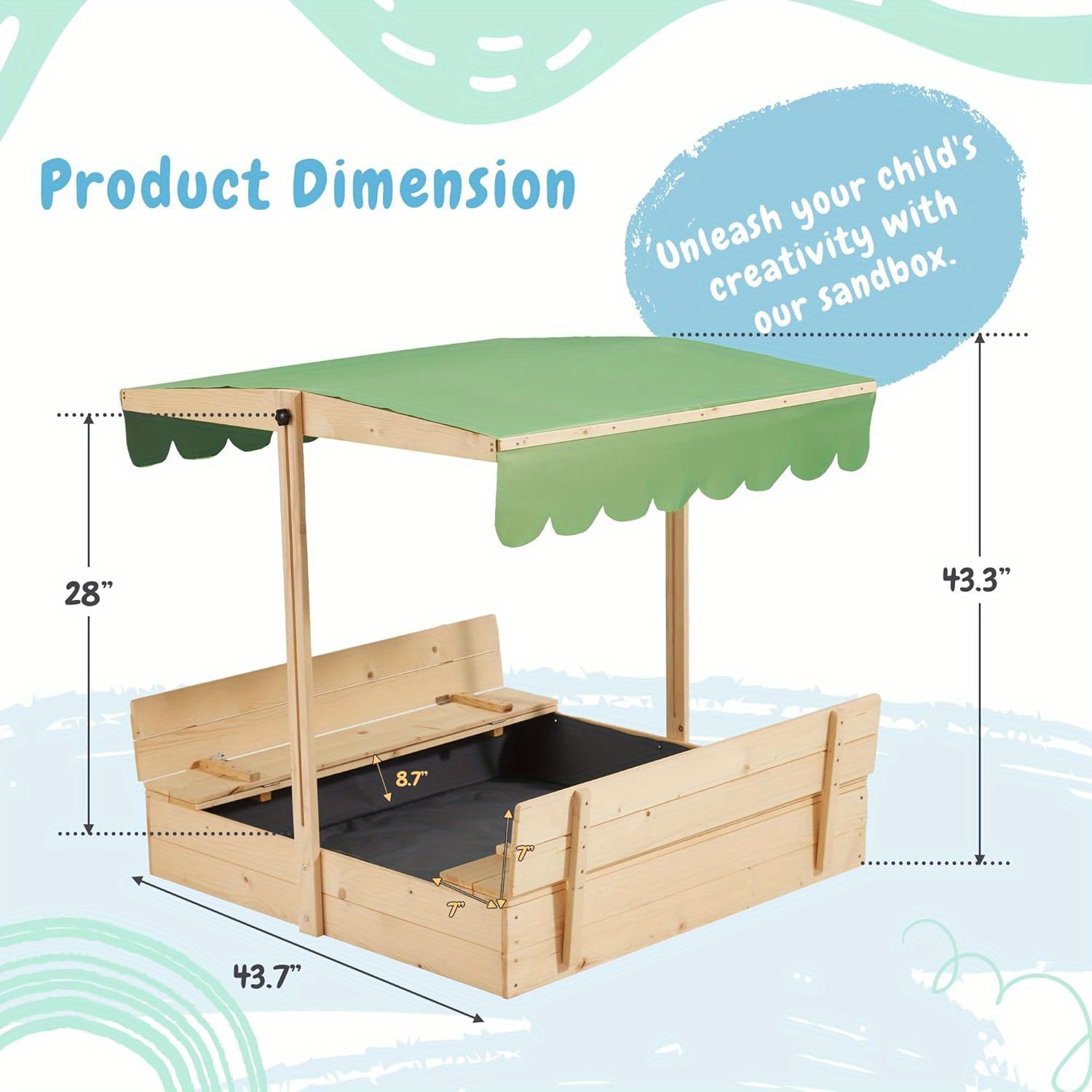Sandbox with Lid, Kids Sandbox with Cover Outdoor, Wooden Sand Box with 2 Foldable Bench Seats, Adjustable UV-Resistant Roof & Bottom Liner, Sand Box for Kids Ages 2-8, Perfect for Backyard, Beach
