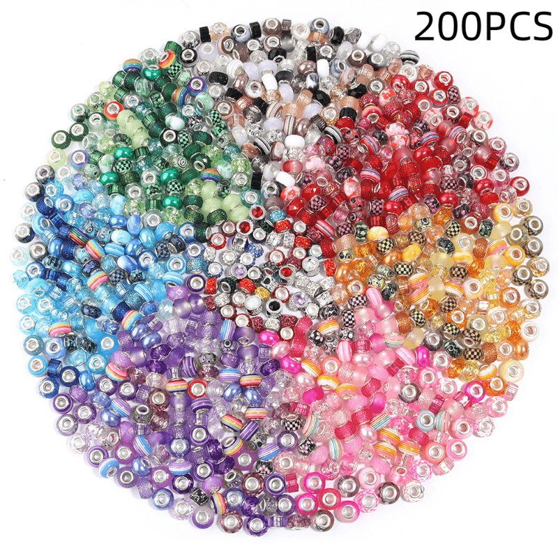 TEMU 200 Random Mixed Color Large Hole Beads - With Embellishments, Suitable For Jewelry Making, Charms, Bracelets, Earrings, And Phone Chains, Bead