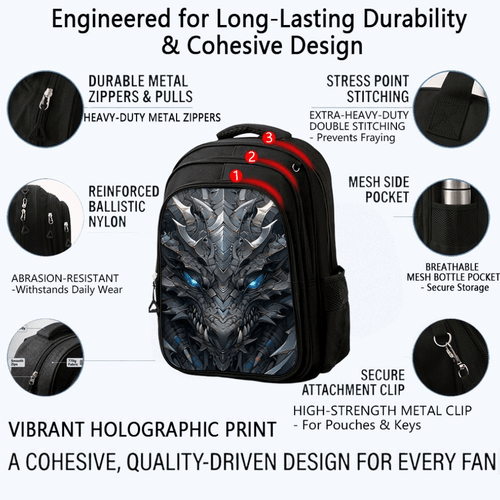 3pcs backpack bundle menacing metallic dragon glowing led strips arc reactor theme large capacity layer travel bag with matching crossbody carrier accessory pouch durable lightweight resistant everyday rucksack