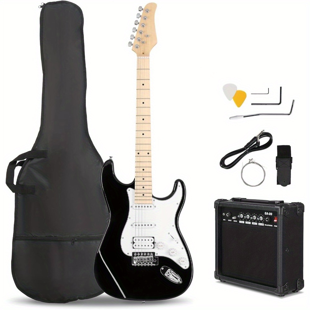TEMU Kit de guitare électrique pleine taille noire de 39 pouces - HSS, corps plein 6 cordes pour débutants, avec + tous les accessoires nécessaires