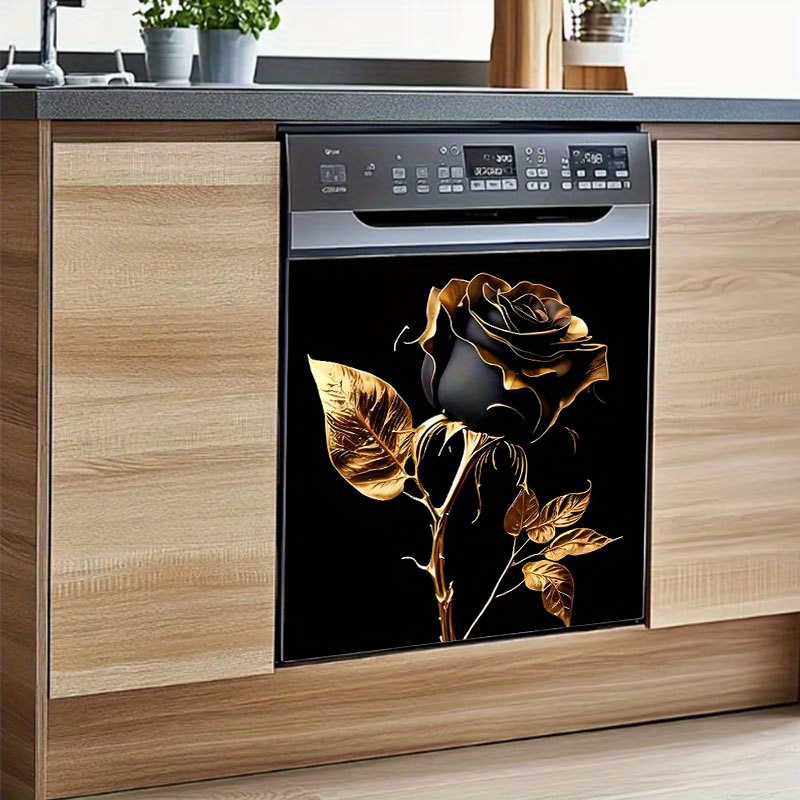 TEMU 2pcs Black Rose And Decoration Stickers - Elegant Appliance Decor, High Quality Vinyl Film For Dishwasher, Washing Machine, Refrigerator,