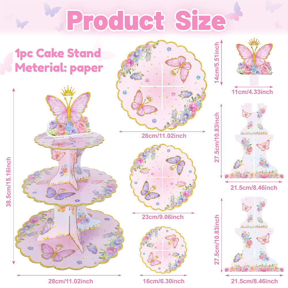 E-shop 3-stöckiger rosa-lila Schmetterling Kuchenständer Schmetterling Party-Mittelstücke Rosa Blumen Cupcake Ständer für Geburtstagsparty Dekorationen