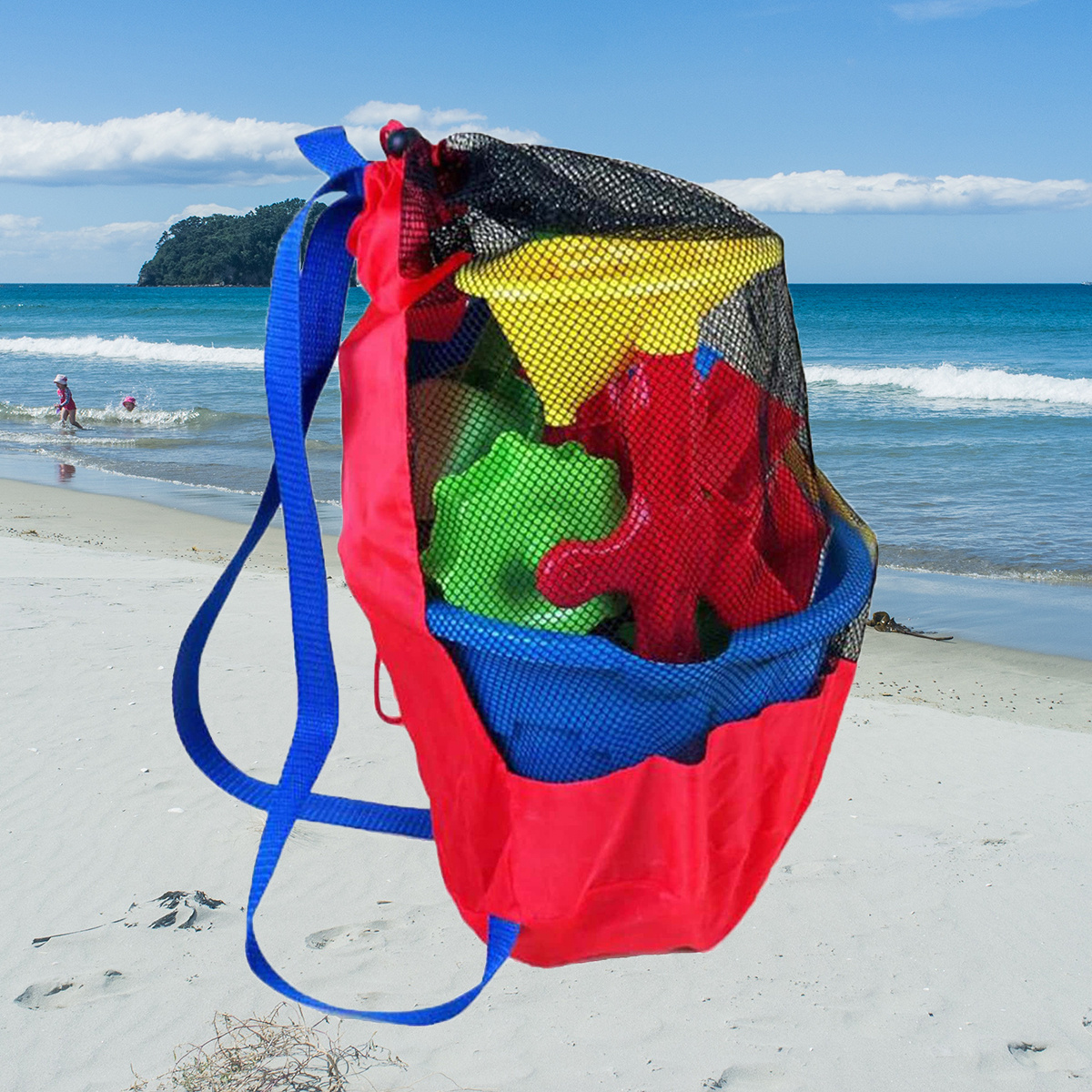 1pc Einfarbiges Strandnetz Polyester Große Kapazität Sommer Lagerung Tote  Tasche, Reise Doppel Schulter Lagerung Tasche, Rot Weiß Rose Rot Blau Grün,  - Main Image