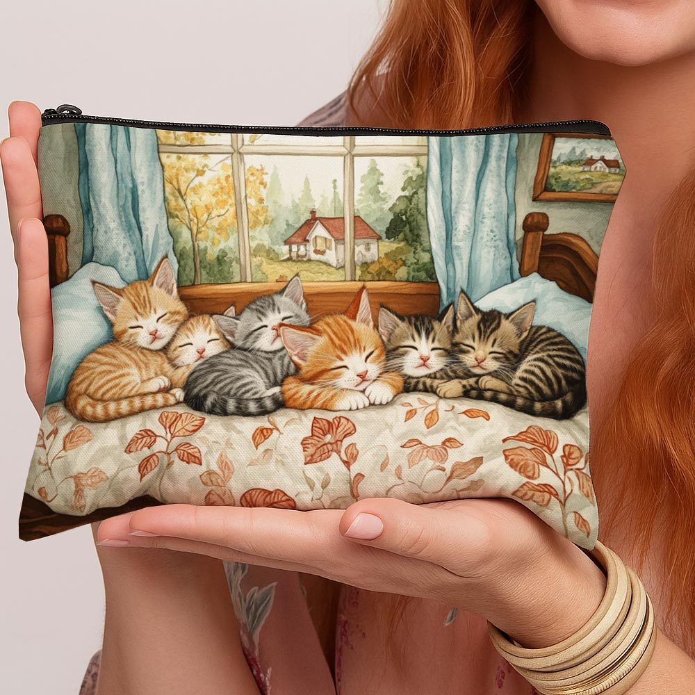 TEMU 1pc, Material: Makeup Pouch, Cute And Comfortable Cosmetic Bag With A Warm "cat Family" Pattern. A Perfect Gift For Grandmothers, , Mothers, ,