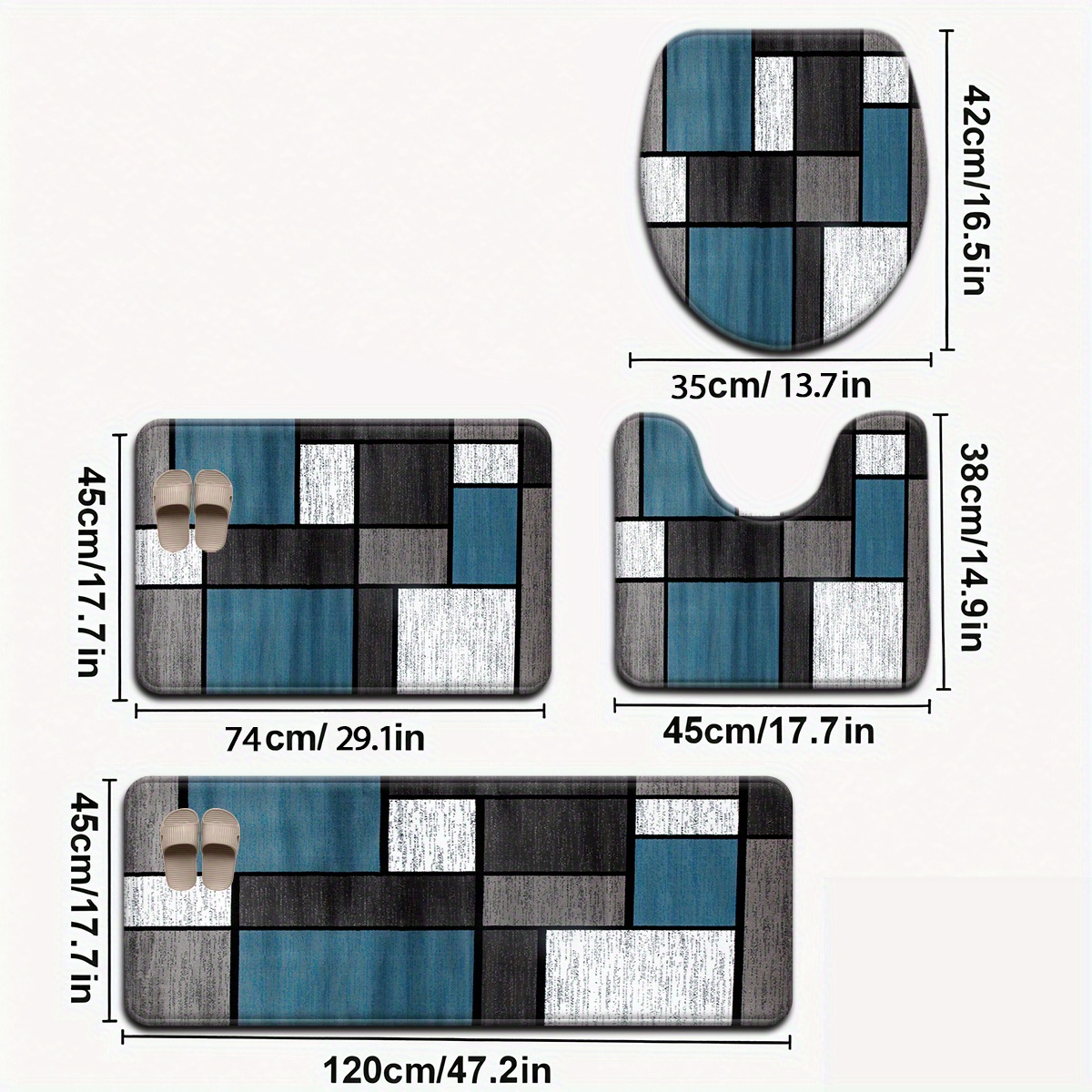 E-shop 3er/4er Set Stilvolle Minimalistische Bunte und Graue Geometrische Muster Badematte, Toilettendeckelbezug & U-förmige Badmatte, Badezimmer-Deko