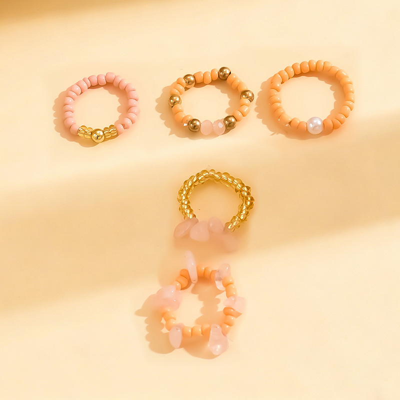 5pcs Glass Bead Ring Set, Pink Irregular Stackable Rings