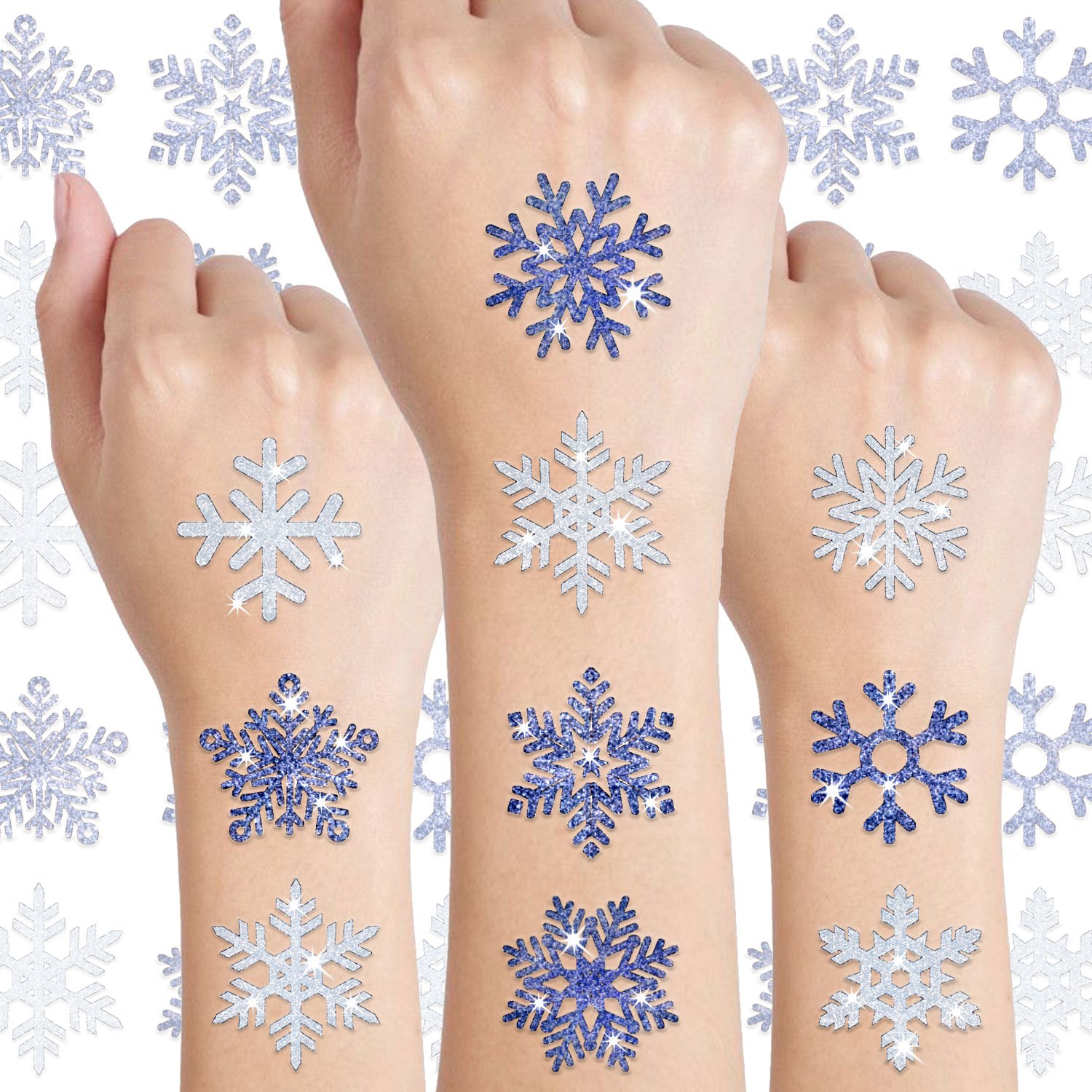 Image of 8 Sheets Glitter Snowflake Temporary Tattoos Winter Snow Themed Face Tatoos Face Tattoo Hand Tattoo Party Fovors