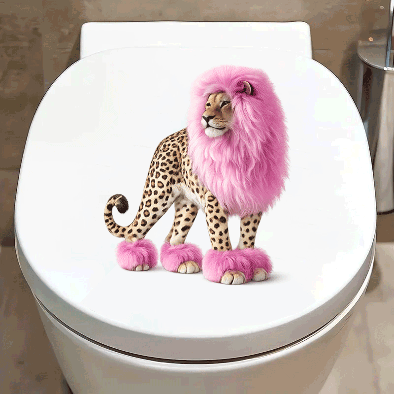 TEMU 1pc Pink Mane Leopard Toilet Sticker Bathroom Toilet Decoration Self-adhesive Decal Creative Cartoon Wall Sticker