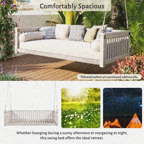 twin size patio swing bed outdoor hanging chair with sloped design for weather resistant lightweight durable construction ropes armrests white for garden porch backyard relaxation outdoor furniture porch lounging able recliner