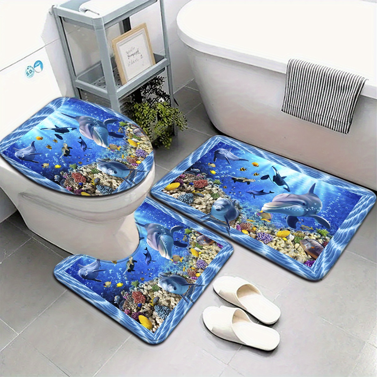 TEMU 3pcs/4pcs Dolphin Pattern Bathroom Mat Set With Toilet Seat Cover And U-shaped Foot Mat