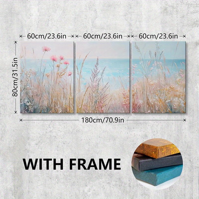TEMU 3pcs/ Set Wooden Framed Canvas Poster, , Floral Landscape, Pastel Colors, Vintage Wall Art Painting For Living Room, Bedroom, Bathroom, Office,