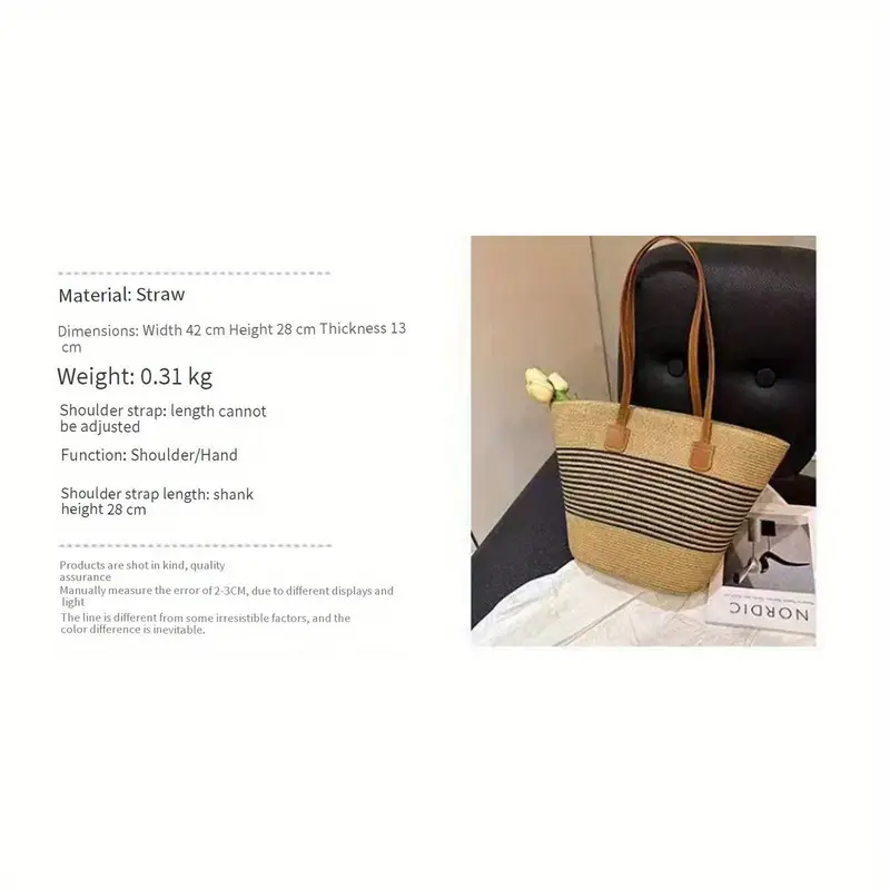 chapeau de paille pour femmes avec sac , chapeau de plage rayé dété à large bord et protection solaire pour en extérieure détails 9