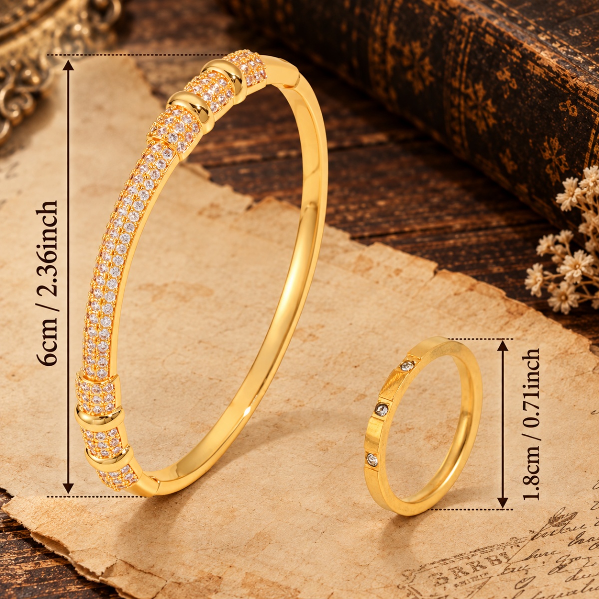 2pc Unisex Segmented Pave Zirconia Bracelet & Square Detail Ring Set