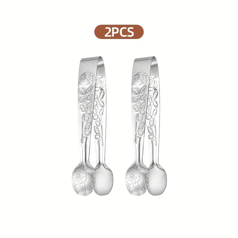 TEMU 2/4pcs Set Small Food Tongs With Rose Handle Stainless Steel Sugar Cube Tongs Ice Cube Tongs Suitable For Tea, Coffee, Desserts, Snacks, Salads,