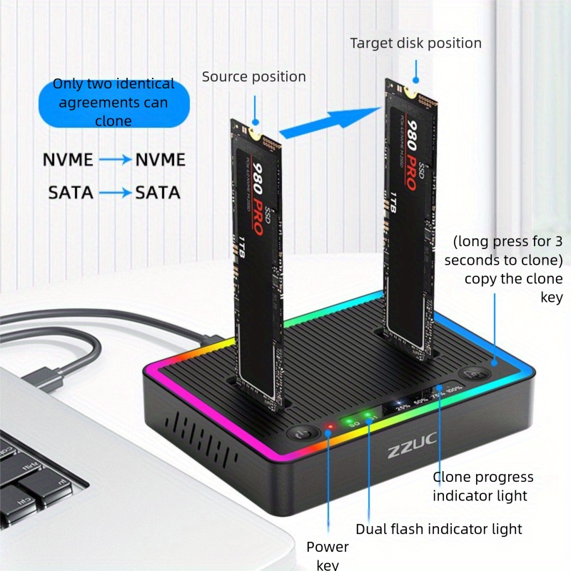 rgb cool m.2 disco, para sata/nvme/ dock clonación offline maquina de disco duro 20g, usb3.2 disco lectura gif 1