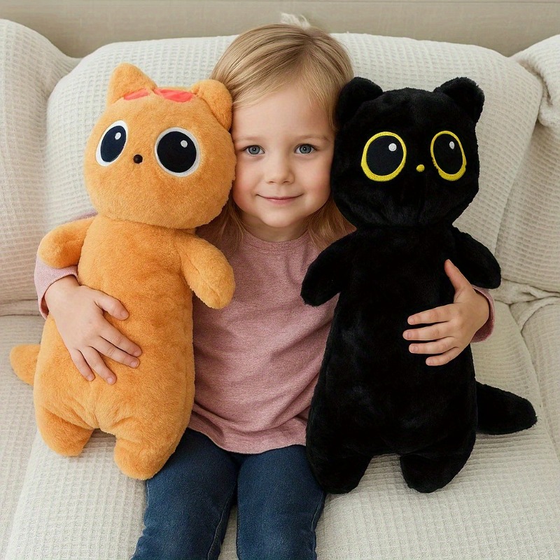 2 Kawaii Katzen Plüschtiere – Schwarze Dicke Katze Als Kissen & Schlüsselanhänger, Weich & Niedlich