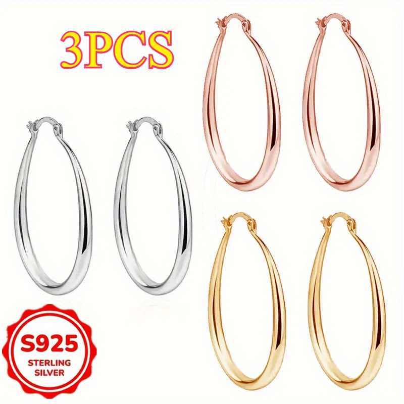 TEMU 3 Pairs Of Minimalist And Lightweight Oval Shaped 925 - Perfect For Daily Wear And Clothing Decoration. Earhook Earrings, Elegant Earrings, Ear