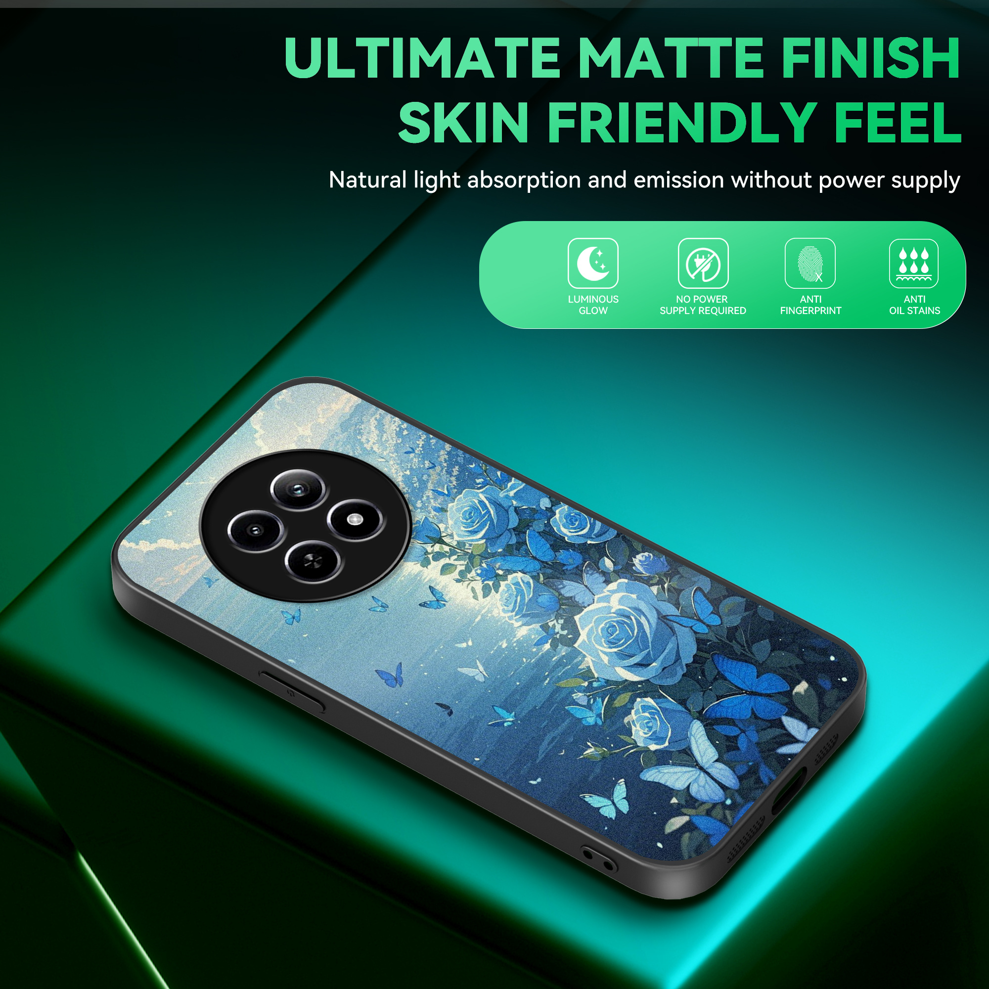 TEMU Phone Case - A Luminous Phone Case That In The Dark, Featuring Blue Butterflies And Floral Patterns, Compatible With The Realme Series