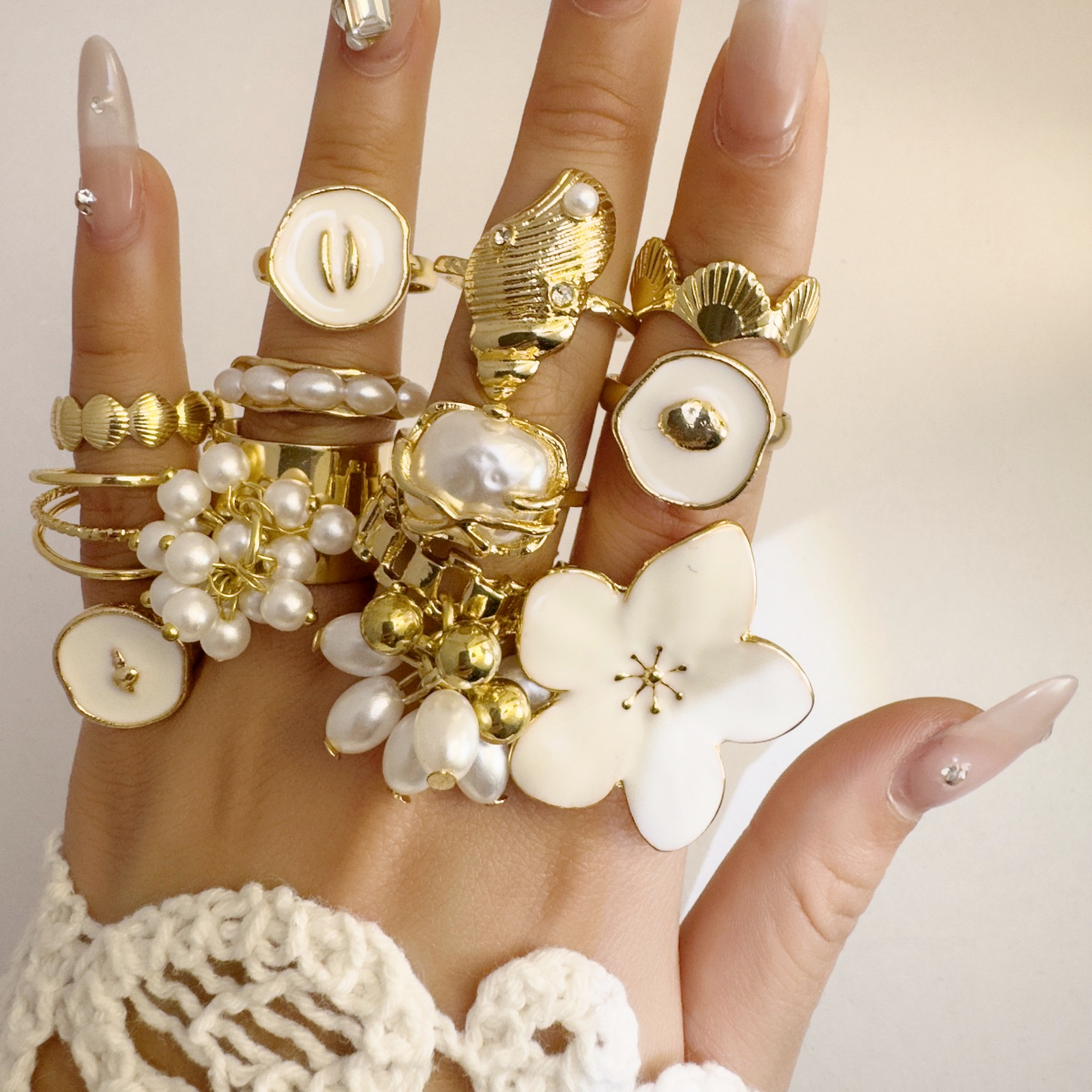TEMU Juego de 12 anillos y elegantes de apertura floral con de forma irregular, conchas de de metal y anillos apilados, adecuados para uso diario de