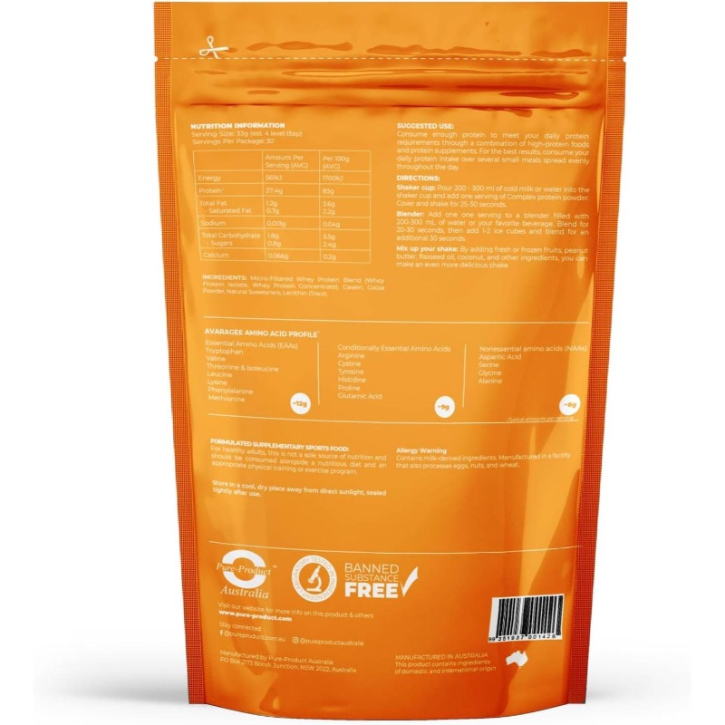 1kg Whey Protein Blend WPI+ WPC+ CASEIN Powder | Premium Grass-Fed AU NZ, 28g Protein per Serve, 13g BCAAs, Non-GMO, 30 Servings, Unflavored