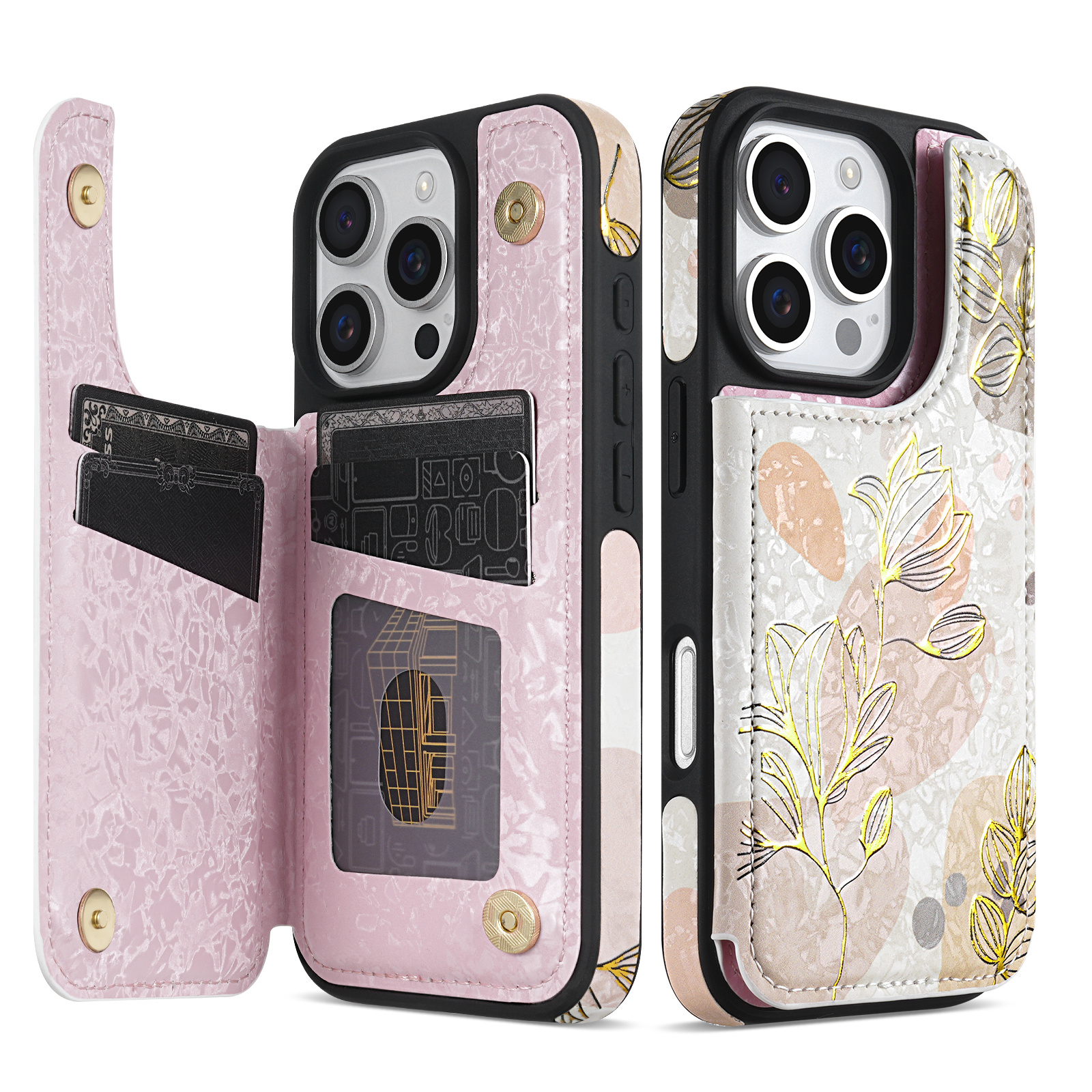 Luxury Wallet Foil Printed Embossing Hot Stamped Floral Pattern Double Buckle RFID Blocking With Card Slot Support Flip PU Artificial Leather Case Compatible With for iphone 16 Pro Max 15 Plus 14 Pro 13 Mini 12 11 XS MAX XR 7 8 SE2 SE3 Business Cover