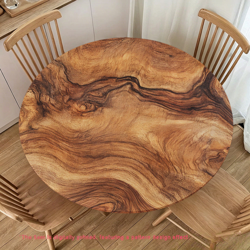 TEMU 1pc Autumn Printed Round Elastic Tablecloth With Edge, Natural Solid Wood Edge Swirl Walnut Texture Round Printed Tablecloth, Elastic Round